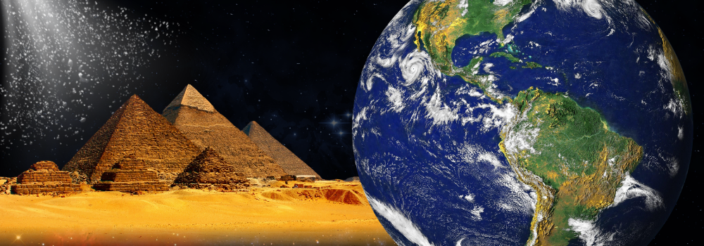 Illustration of the Great Pyramid of Khufu with Earth in the background, symbolizing global significance.