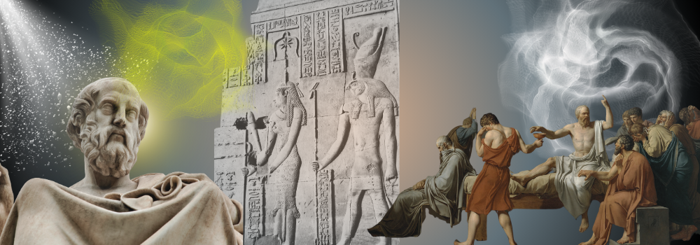 Artistic collage featuring Socrates, Plato, and Aristotle with symbolic elements representing ancient philosophy and the myth of Atlantis.