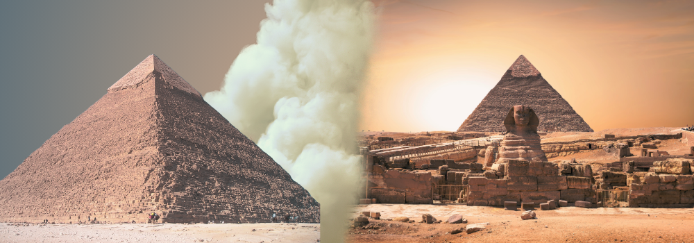 Artistic depiction of the Great Pyramid of Khufu with smoke and desert surroundings.
