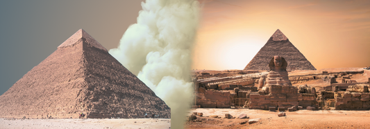 Artistic depiction of the Great Pyramid of Khufu with smoke and desert surroundings.