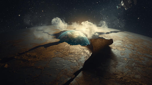 Illustration of a flat Earth map cracking apart in space to reveal a glowing spherical Earth underneath, symbolizing the debunking of flat Earth theories through science, with stars and a satellite in the background.