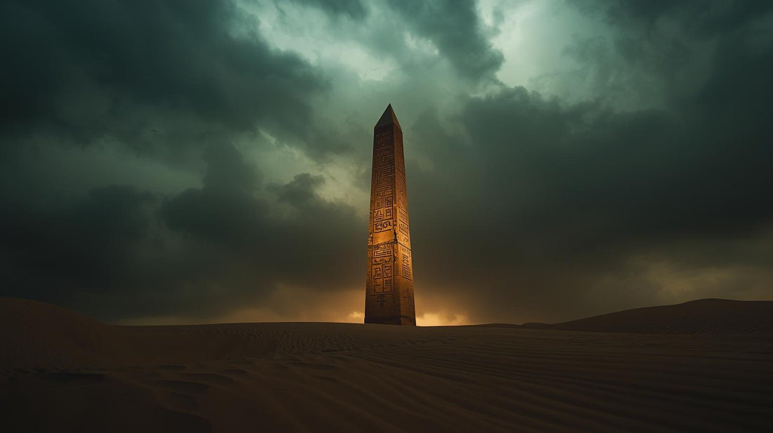 Dramatic obelisk glowing under stormy skies in a desert landscape.