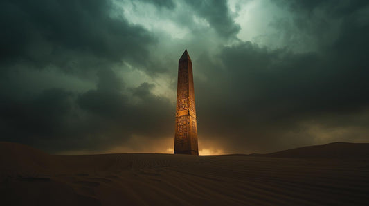 Dramatic obelisk glowing under stormy skies in a desert landscape.