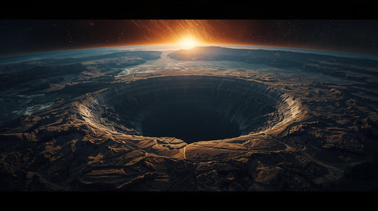 Massive meteor crater on Earth at sunrise, viewed from space.