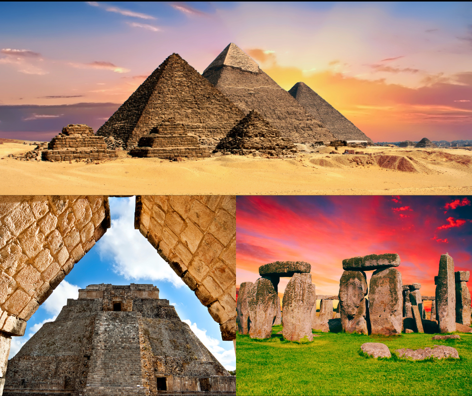 Collage of ancient archaeological sites: the Pyramids of Giza at sunset, the Pyramid of the Magician in Uxmal, and Stonehenge at dusk.