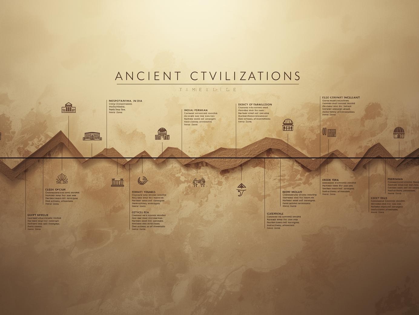 Stylized timeline of ancient civilizations including Mesopotamia, Egypt, Indus Valley, China, Greece, and Rome, visualized with icons and mountains in a sepia-toned design.