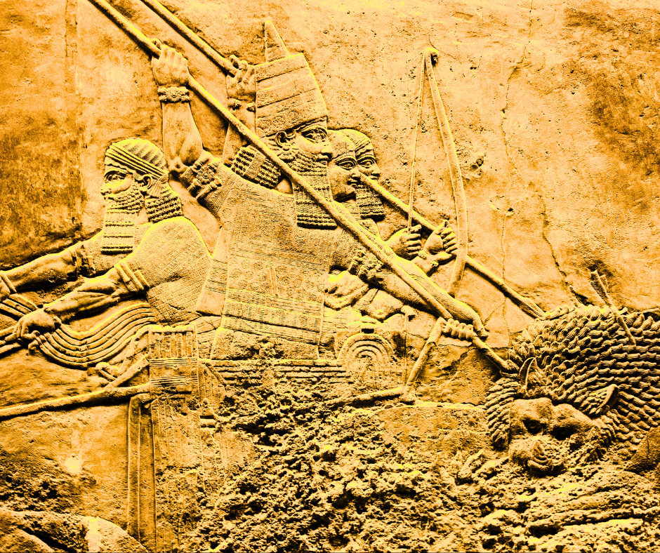 Ancient Sumerian relief showing warriors in battle, carved in detailed stone with spears and shields.