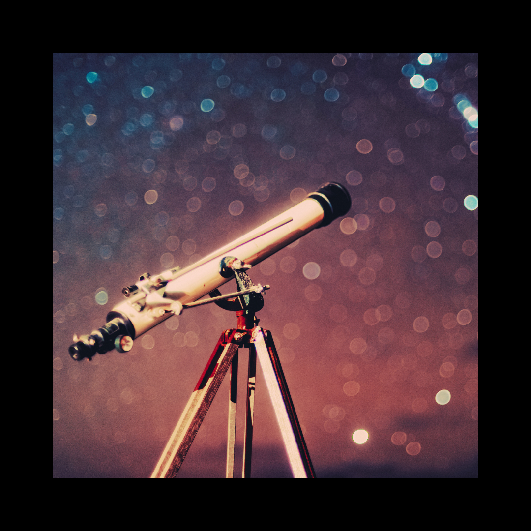 A telescope set against a bokeh-filled night sky, symbolizing stargazing and celestial exploration.